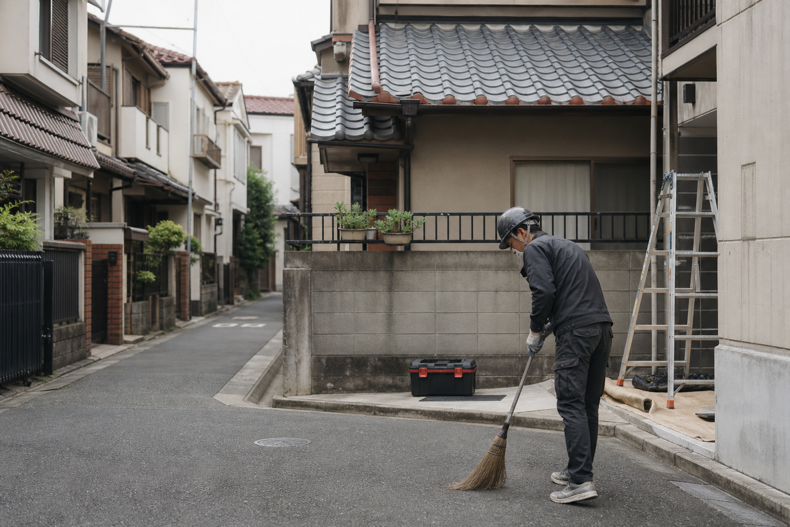 住宅街で周辺を清掃する職人（提案用イメージ）